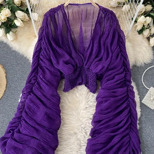 بلوزة شيفون صيفية مثيرة للنساء أنيقة على شكل حرف V نفخة بأكمام طويلة قمصان قصيرة للنساء قمصان حفلات ضئيلة 2022 أزياء جديدة أفضل 6 مبيعات للبلوزات الجميلة والمختلفة - رقم 4