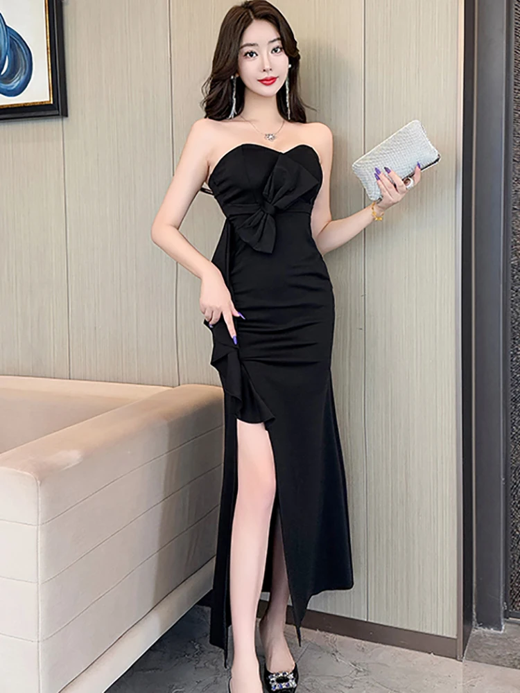 Zomer witte strik bodycon ruches split lange jurk damesmode chique borstverpakking sexy jurk 2025, elegante luxe avondjurk