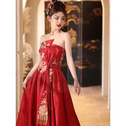 Chinese Style Wedding Dress Luxury Embroider Flower Cheongsam Strapless Vestidos Lady Elegant Banquet Gown Long Qipao
