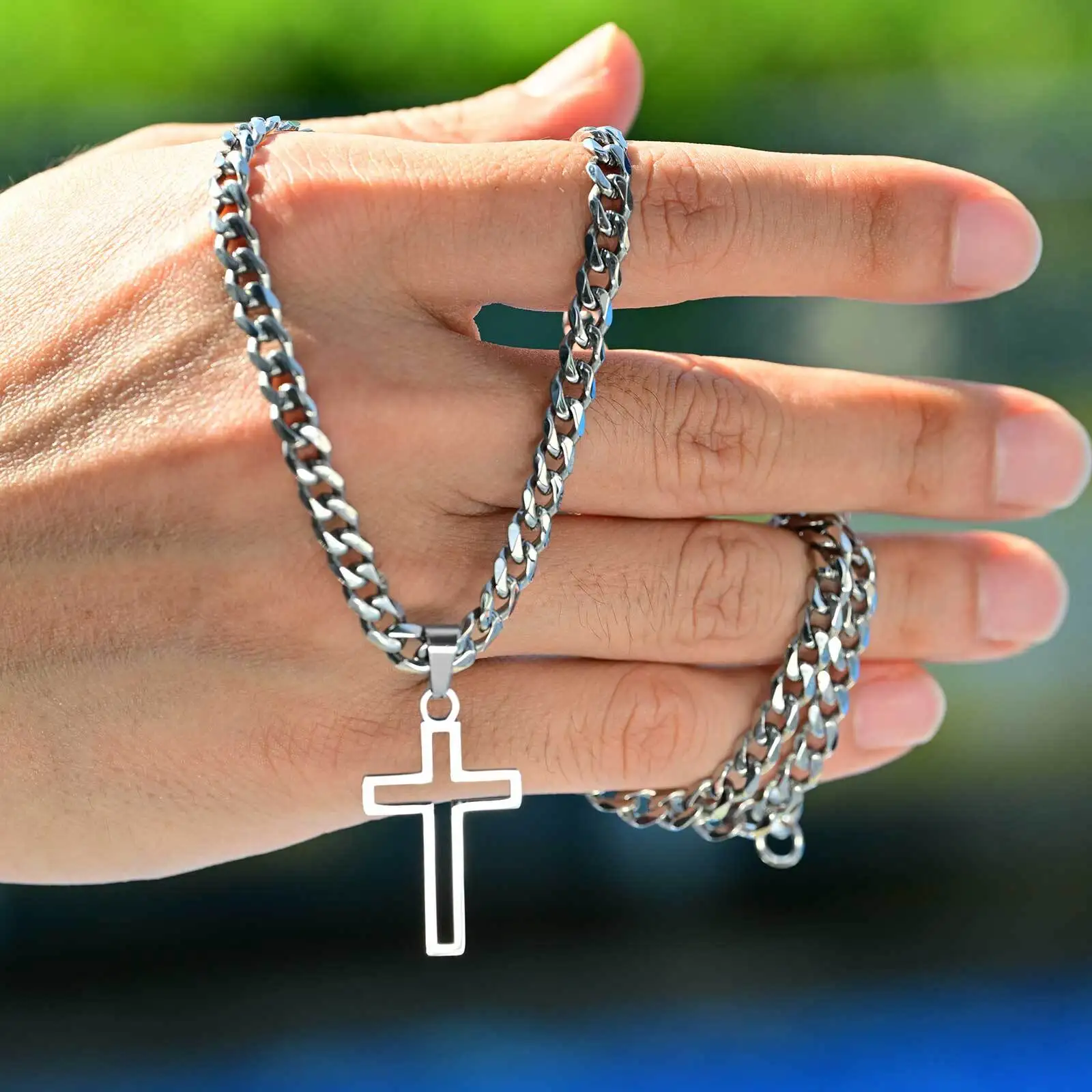

Basic Cross Necklace for Men Boys,Waterproof Staihnless Steel Hollow Cross Charm Pendant,Simple Prayer Jewelry