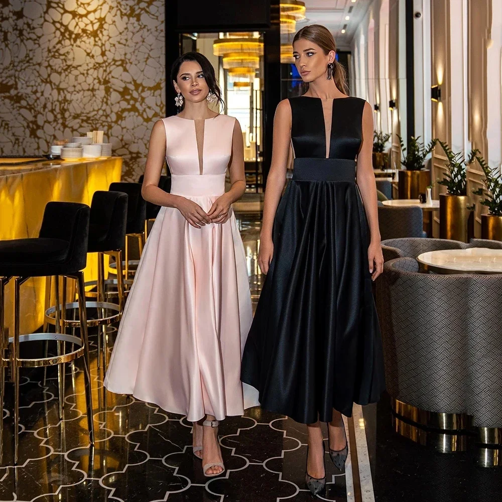 

Customized Tea-Length Satin Evening Dresses Illustion Neck Sleeveless Prom Dress Girl Sexy Backless A-Line Wedding Party Dress