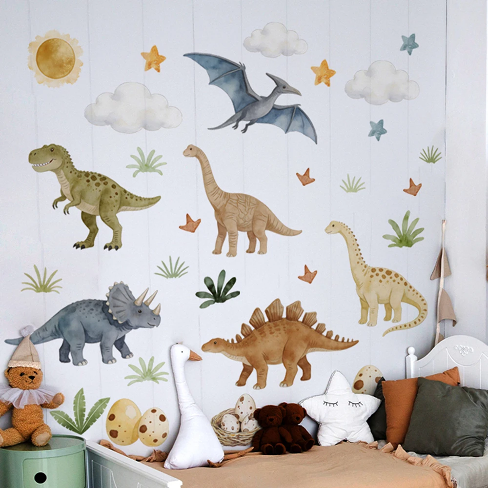 Jurassic Jungle Wall Stickers Cartoon Dinosaur Egg Sun Cloud Decals Removable Vinyl DIY Art Decor for Kids Room Nursery Bedroom