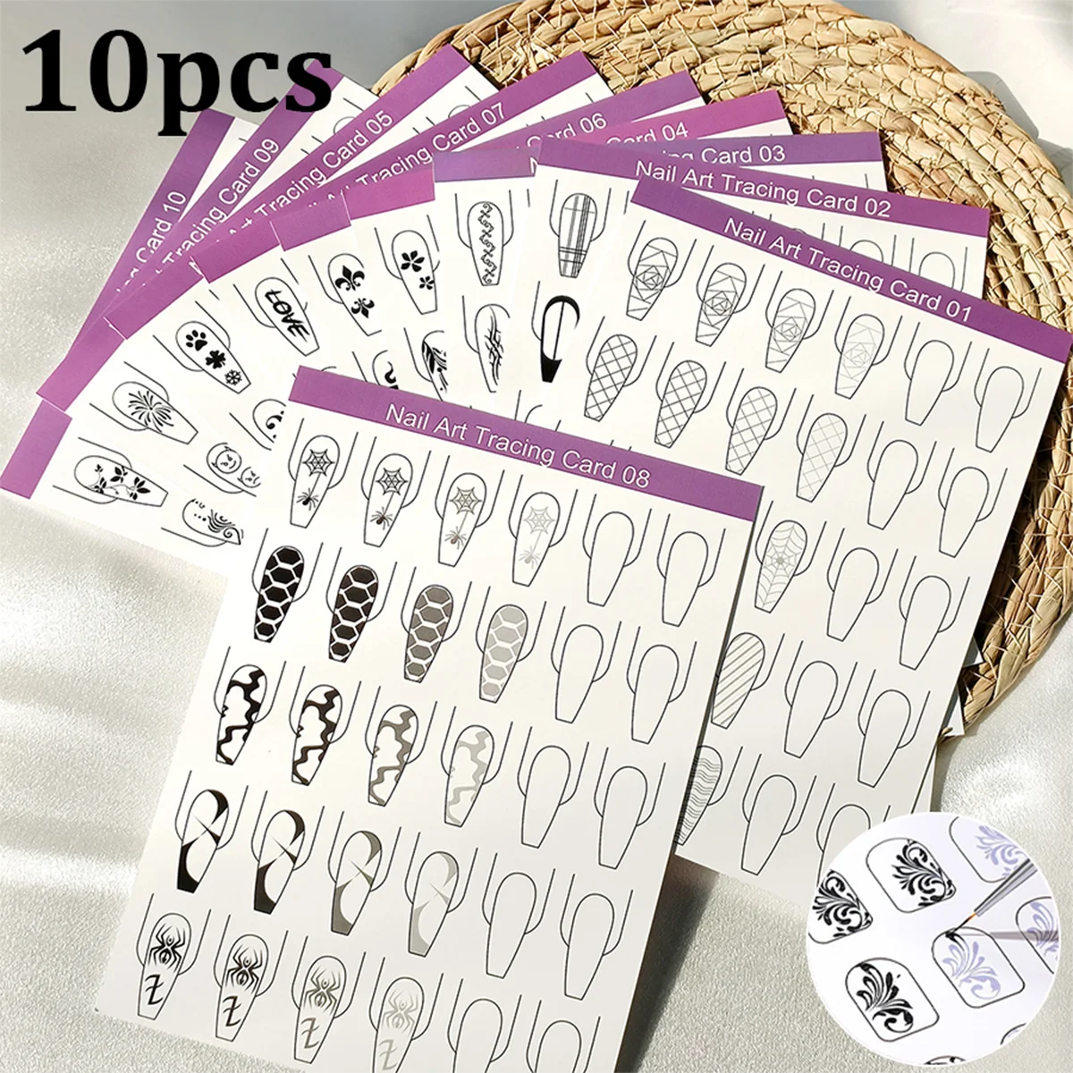 10pcs Nail Art Practice Cards, Nail Design Tracing Sheets for Painting Drawing, Manicure Training Tool for Beginners DIY
