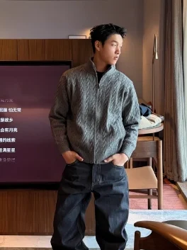 

Мужской вязаный кардиган Auticup осенне-зимний, утепленный, с воротником-стойкой, 3D-эффектом, однотонный, плотный, теплый и комфортный