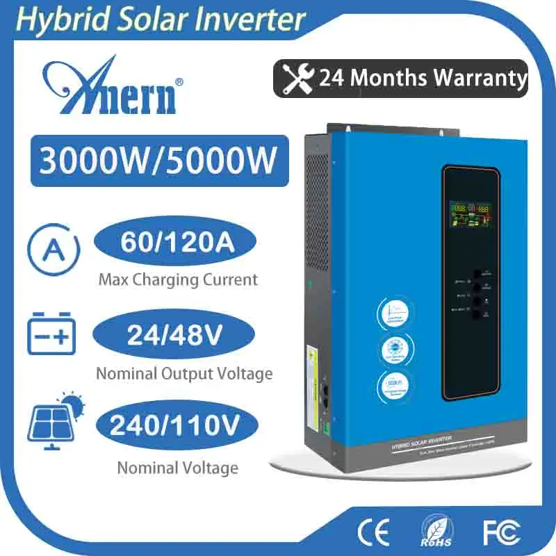 

Anern 110V Hybrid Solar Inverter 24V 48V 3KW 5KW Optional MPPT/PWM Solar Charge Controller 60A/120A Auto Restart Voltage 5000W