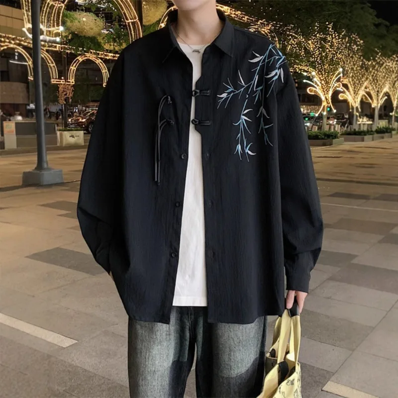 Chinese-style Bamboo Embroidery Long-sleeved Shirt Versatile New Chinese-style Spring Autumn New Ancient-style Men Shirt Trendy