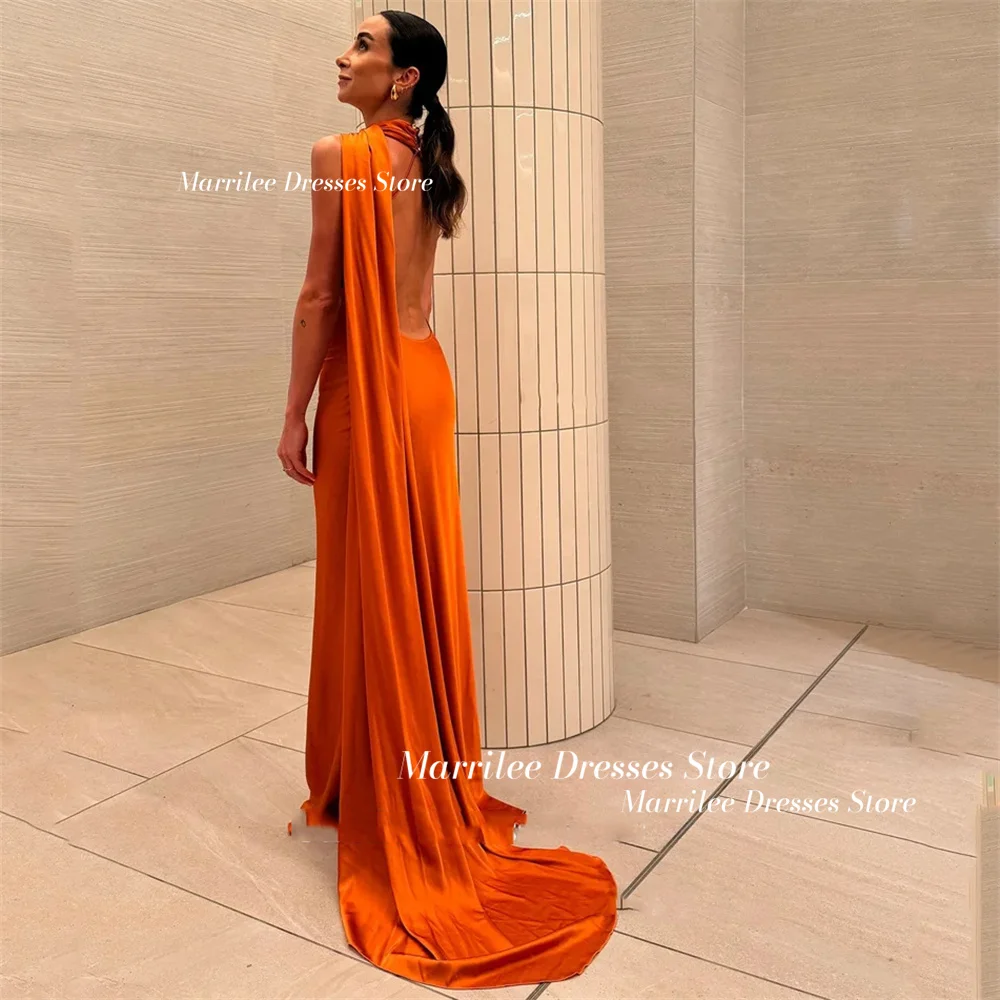 Marrilee Simple Orange One Shoulder Halter Stain Mermaid Evening Dress Simple Pleats Sleeveless Floor Length Open Back Prom Gown