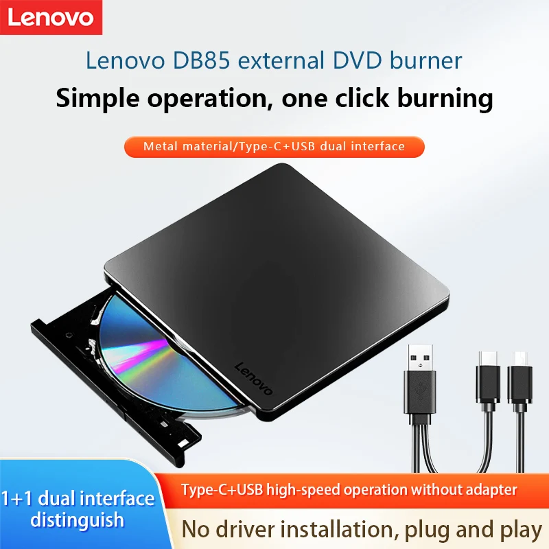 External Cd Lenovo Db85 Mobile Optical Drive External Cd Dvd Driver USB 2.0 Ultra-Thin External Cd Driver Dvd-Rom Burner Driver Usb+Type-C Dual Interface for Desktop Computers