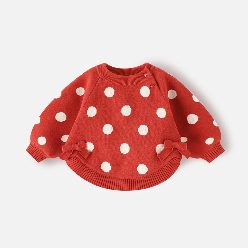 New Winter Children Girls Sweater Cotton Dot Printed Long Sleeve Kids Girl Pullovers Knotbow Thicken Warm Baby Girl Knitwear Top