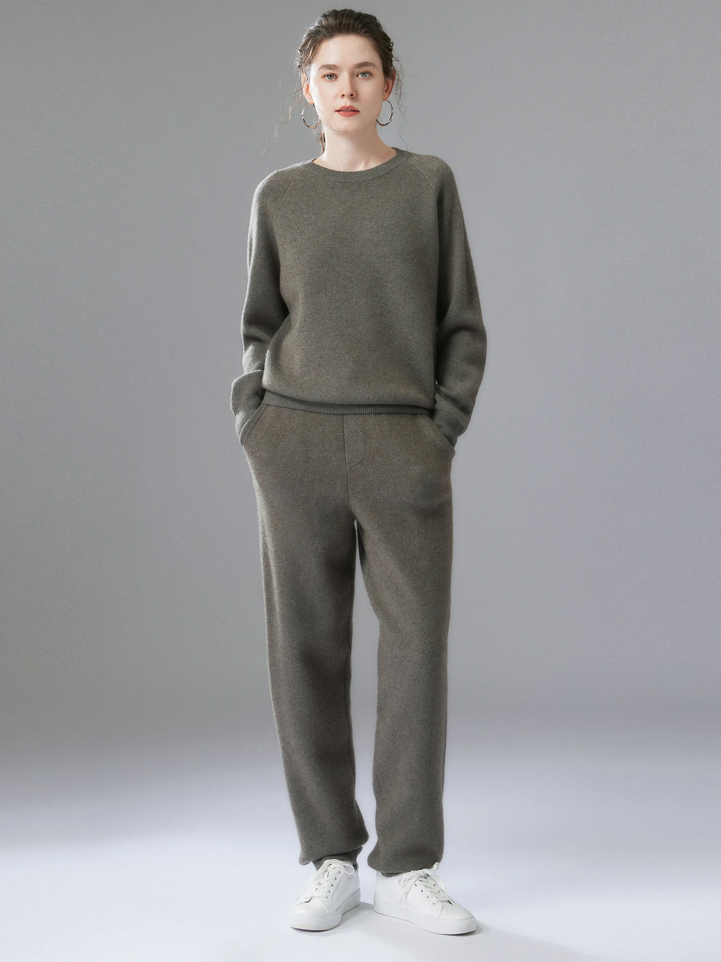 

Autumn Winter Women New Pure Cashmere Suit O-neck Pullover Sweater High Waisted Ankle-Length Pants Two-piece Set High Quality