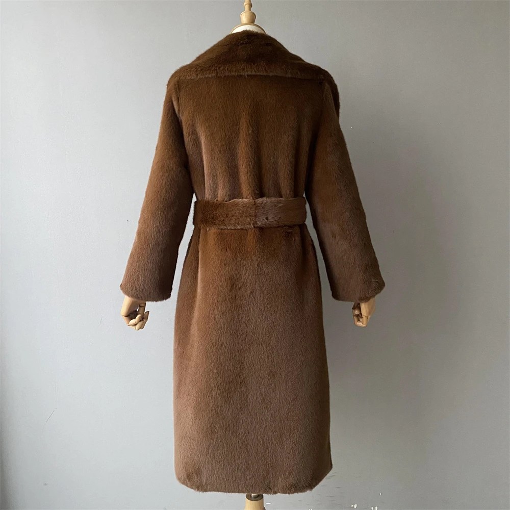 Jaxmonoy Dames Nepbont Trenchcoat Winter Volle Mouwen Warme Bovenkleding Dames Slanke Lange Bontjassen Met Riem Nieuwe Aankomst