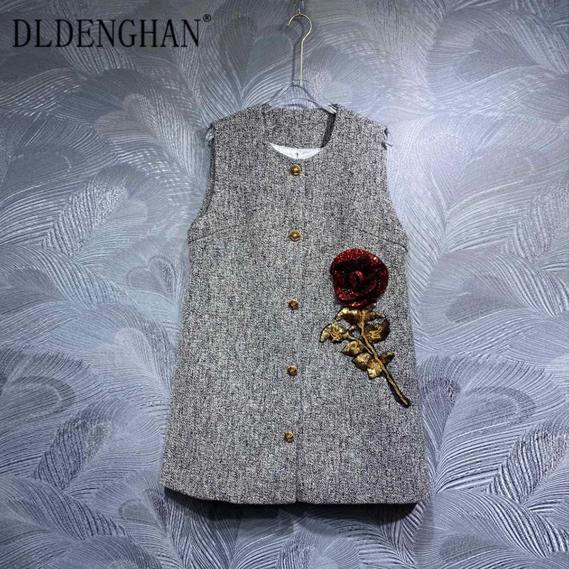 DLDENGHAN Sequins Appliques Vest Dress For Women O-Neck Sleeveless Single Breasted Vintage Mini Dresses Fashion Summer New