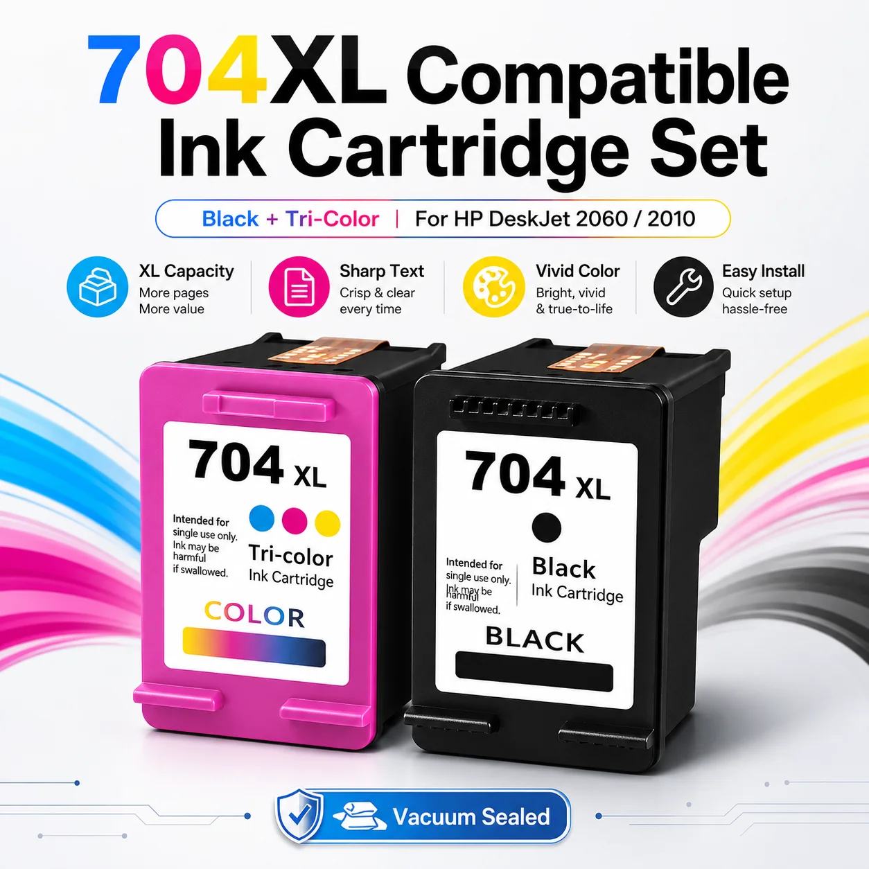 704XL Compatible Ink Cartridge Black + Tri-Color for HP DeskJet 2060 2010 Printer, High Capacity Replacement