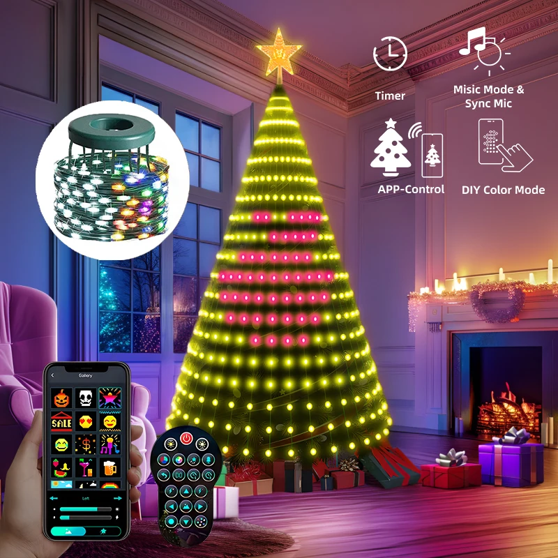 

400LEDs RGBIC Christmas Tree Lights APP & Remote Control DIY Graffiti Text Fairy Light Xmas Tree Waterfall Festoon Garland Lamp