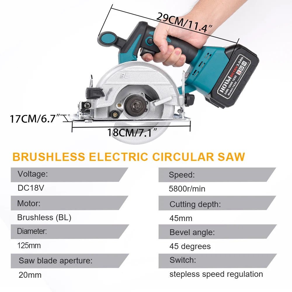 125mm Brushless Electric Circular Saw Cordless Circular Saw s 0-45° Adjustbale Woodworking  Power Garden Tools For Makita 18V