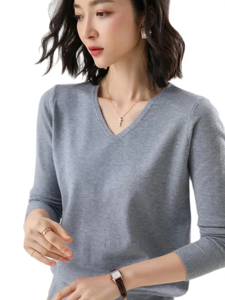Fashion Basic  Women Merino Wool Sweater  Cashmere Pullover V-Neck Knitwear Slim Solid Collar