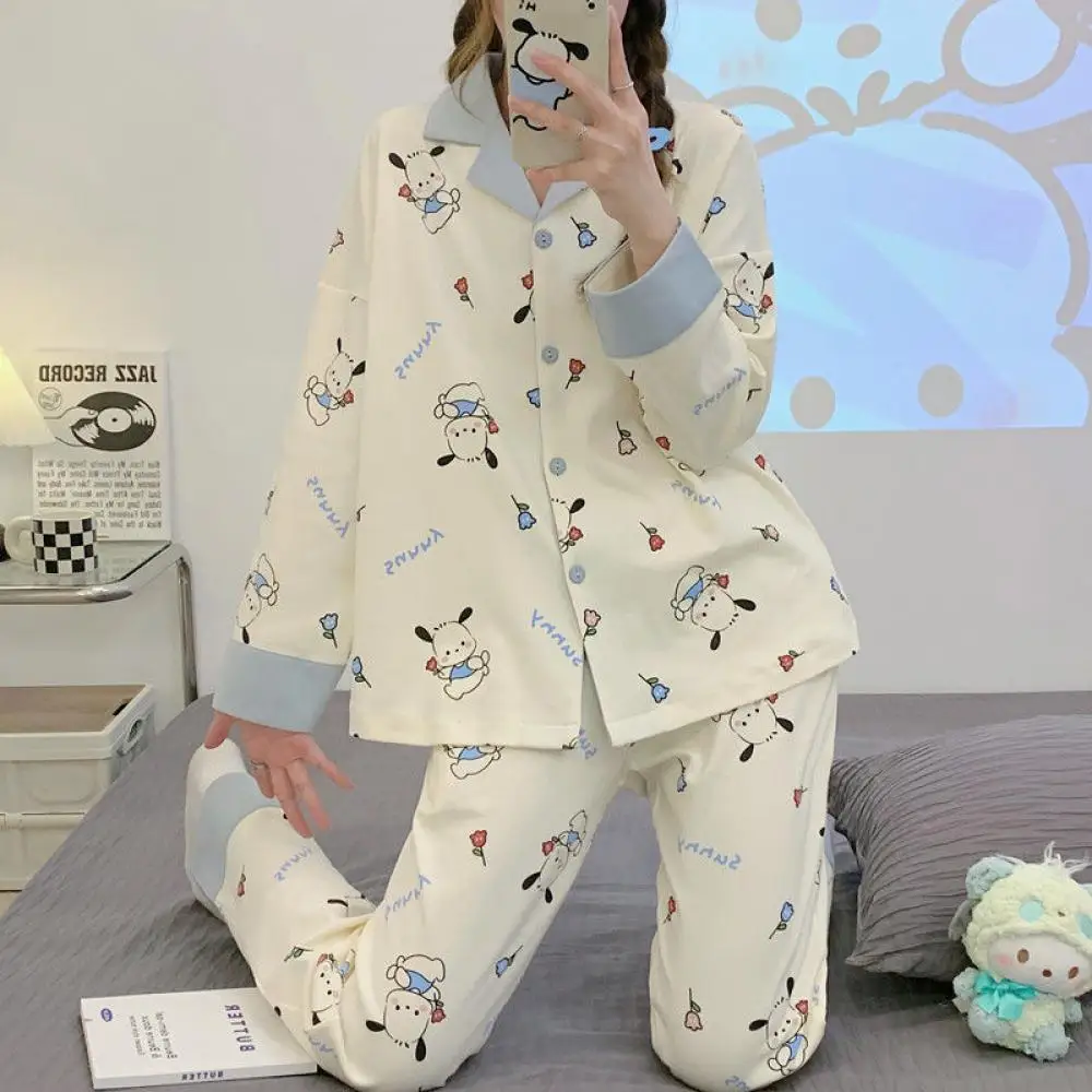 Anime Sanrioed Pochacco Girls Autumn Pajamas Suit Cartoon Woman Cotton Long Sleeves Pants Loose Homewear Suit Loungewear Suit