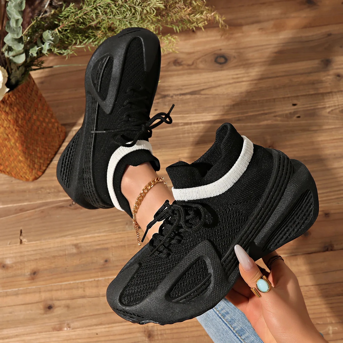 HKDQ Women's Sneakers Round Toe Platform Mid Heel Lace-Up Knit Upper Sock Collar Sculpted Sole Casual Streetwear Footwear