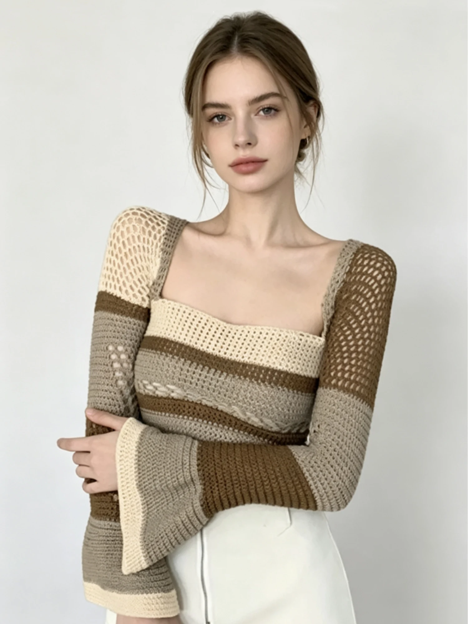 Women's Apricot Striped Square Neck Cropped Flared Sleeve Knitwear Y2k Gyaru Hollow Slim Long Sleeve Sweater Autumn Winter 2026