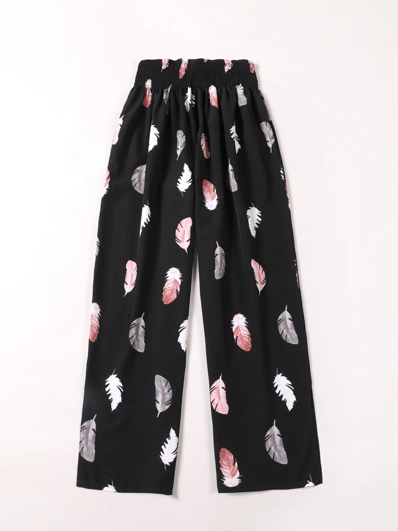 Women's Plus Size Feather Print Wide Leg Pants, Casual Elastic Waist Palazzo Trousers, Loose Drawstring Black Pants For Ladies