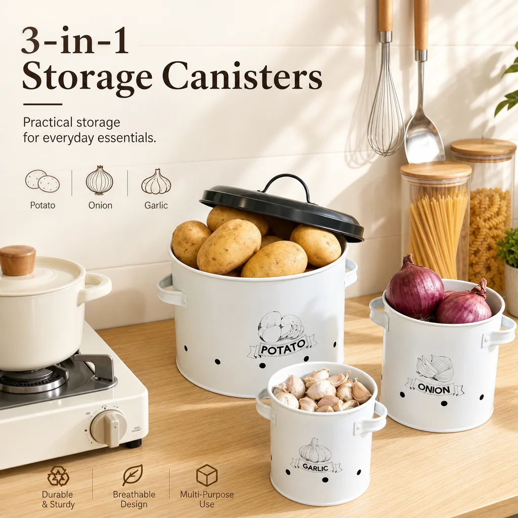 

3Pcs Set Metal Potato Onion Garlic Storage Canisters, Breathable Holes Moisture-proof Kitchen Food Containers