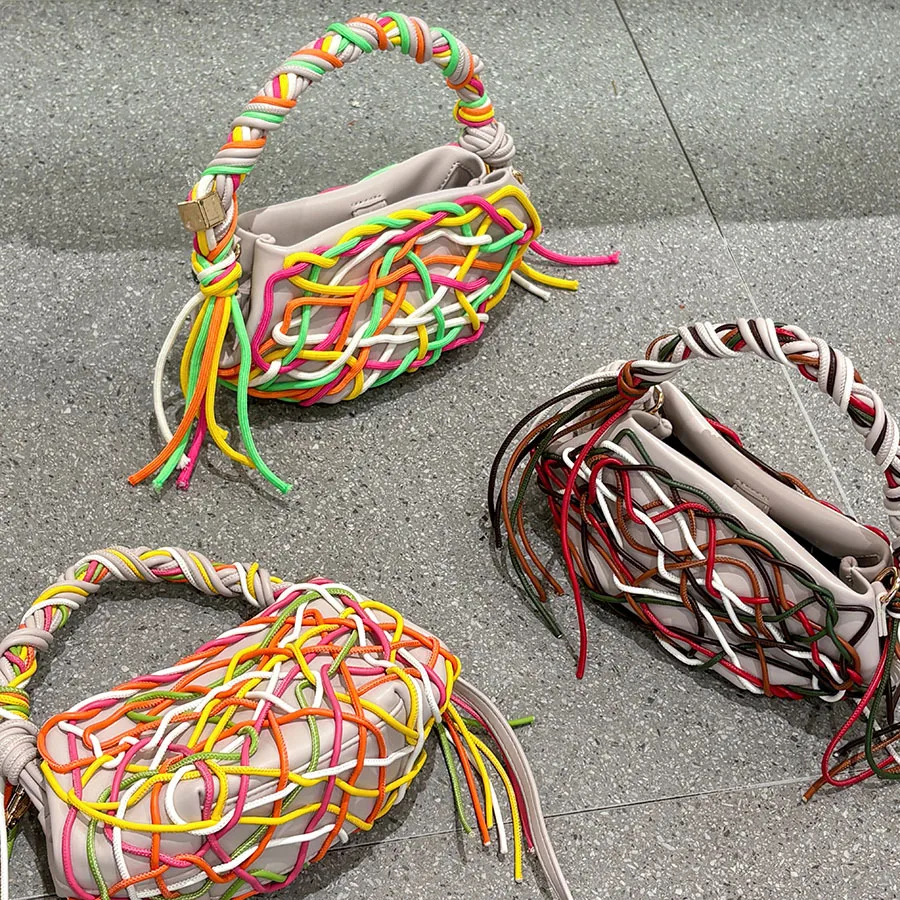 Creative Colorful Braided Knot Handbag European Fashion Women Hollow Out Design Color Block Tassel Unique Casual Party Bags