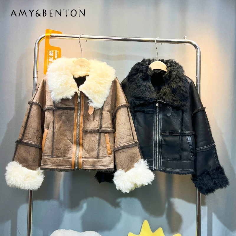 

2023 Autumn And Winter New Chaquetas One-Piece Fur Motorcycle Coat Women's Clothes Lamb Wool Width Thick Warm Jacket Top Outwear