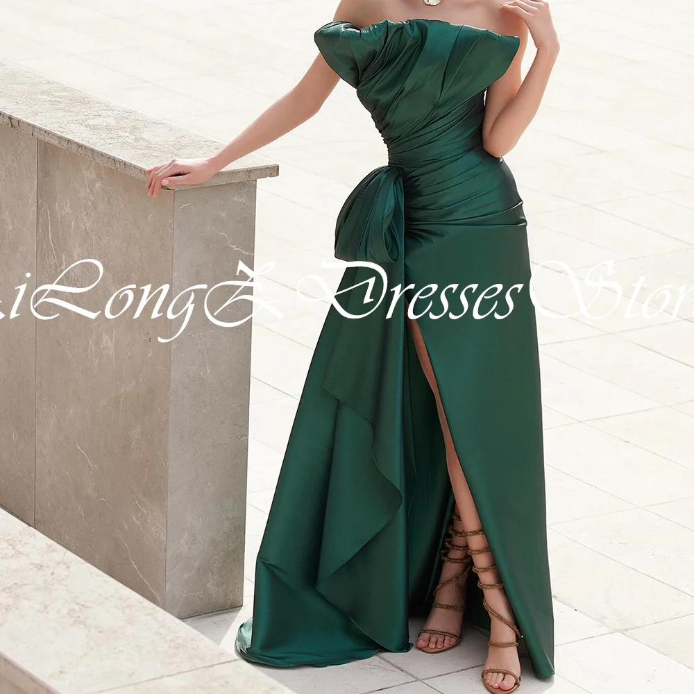 Elegant Party Dresses Woman 2024 Boat Neck Pleats Side Silt Ribbon Sleeveless Sweep Train A-Line Solid Color Dresses For Formal