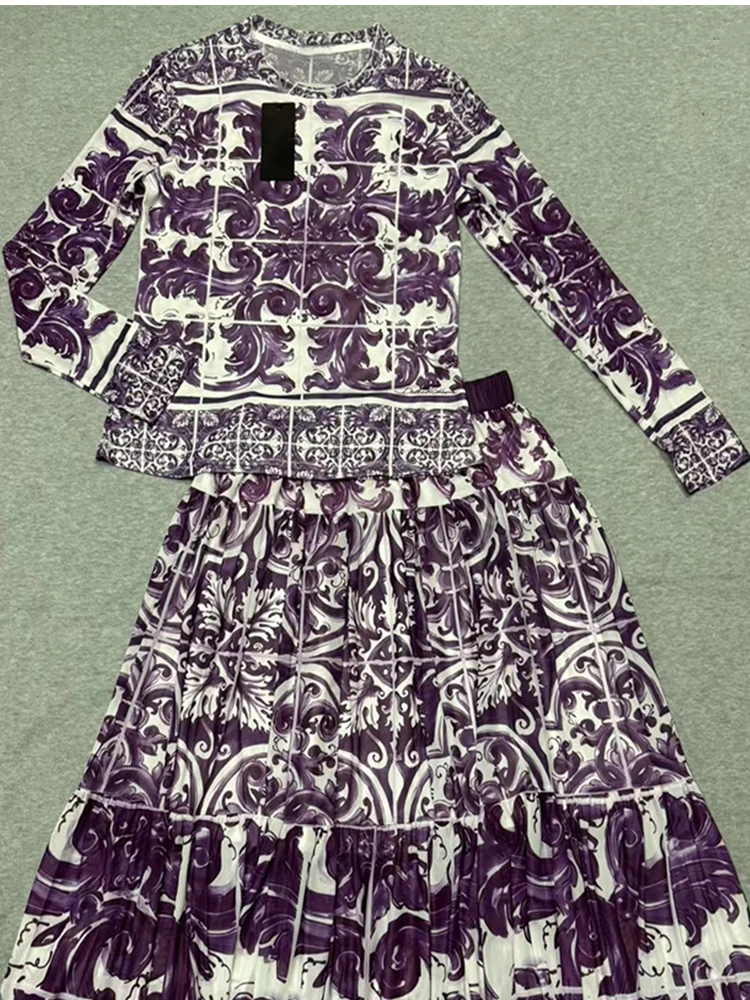 Retro blauw-wit porselein bedrukte elastische mesh top met lange mouwen dames nieuwe elastische taille grote rok mode tweedelig pak