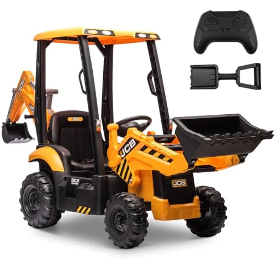 12V JCB Electric Backhoe Loader Toy Car for,Battery Powered Ride on Construction Vehicle Toys w/Front Loader and Excavator, Rem