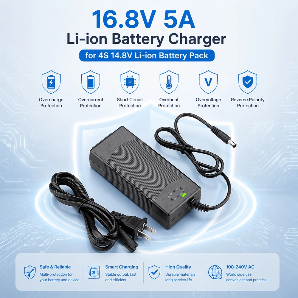 16.8V 5A Lithium Ion Charger for 14.4V 14.8V 4 Series Battery Pack CC CV Fast Charging Adapter with Multiple Protection