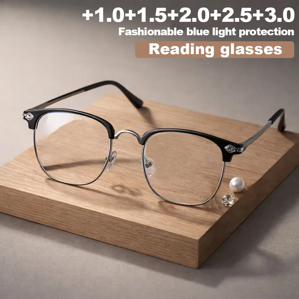 1 Stück Halbrahmen-Lesebrille mit Klarer Sicht, Große Lesebrille mit Blaulichtfilter, Flache Gläser +1,0-4,0