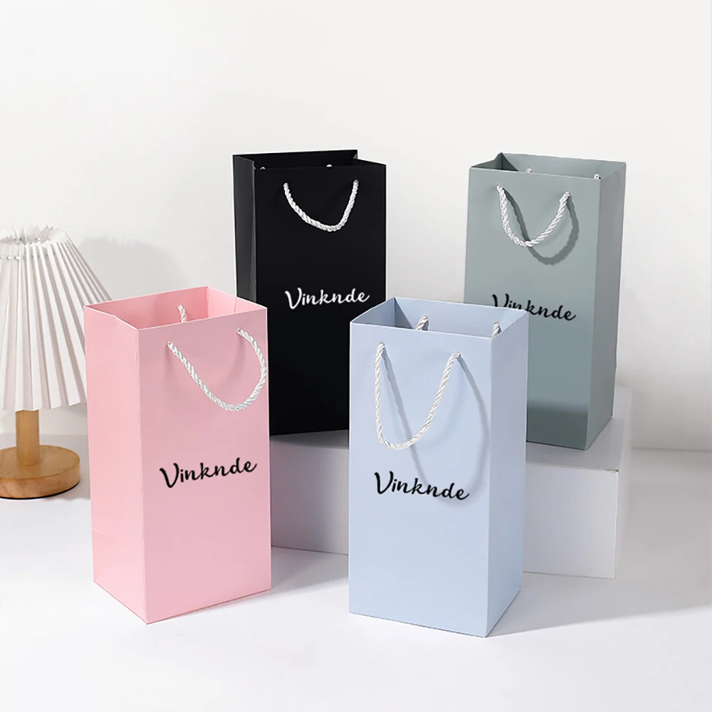 24/30/50pcs Paper Tote Bag with Handle Festival Customized Logo 12X10X29cm Beverage Water Cup Wine Trophies Paper Packaging Bags