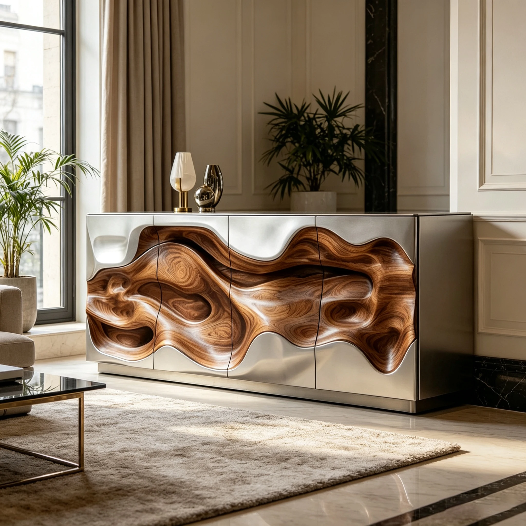 M*-4 Door Wavy Curved Fiberglass Storage Cabinet Swirl Natural Wood Sculpture Panel Silver Matte Frame for