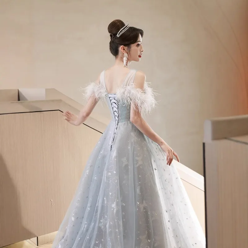 Robe de soirée bleue, nouveau Style, tempérament de Banquet, Niche, atmosphère féerique, hôte d'examen d'art, robe de demoiselle d'honneur élégante, 2026