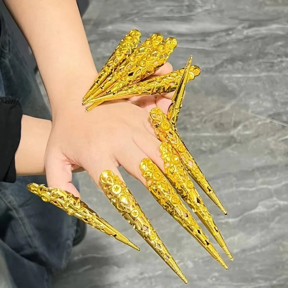 10PCS Adjustable Opening Claw Ring Antique Style Hollow Design Fingertip Nail Ring Vintage Style Punk Style Finger Ring