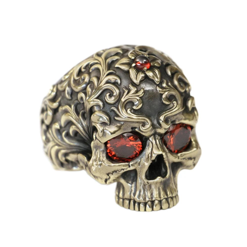 Brass Tang Dynasty Engraving Pattern Red CZ Eyes Skull Ring Punk Jewelry BR439 US Size 8~15