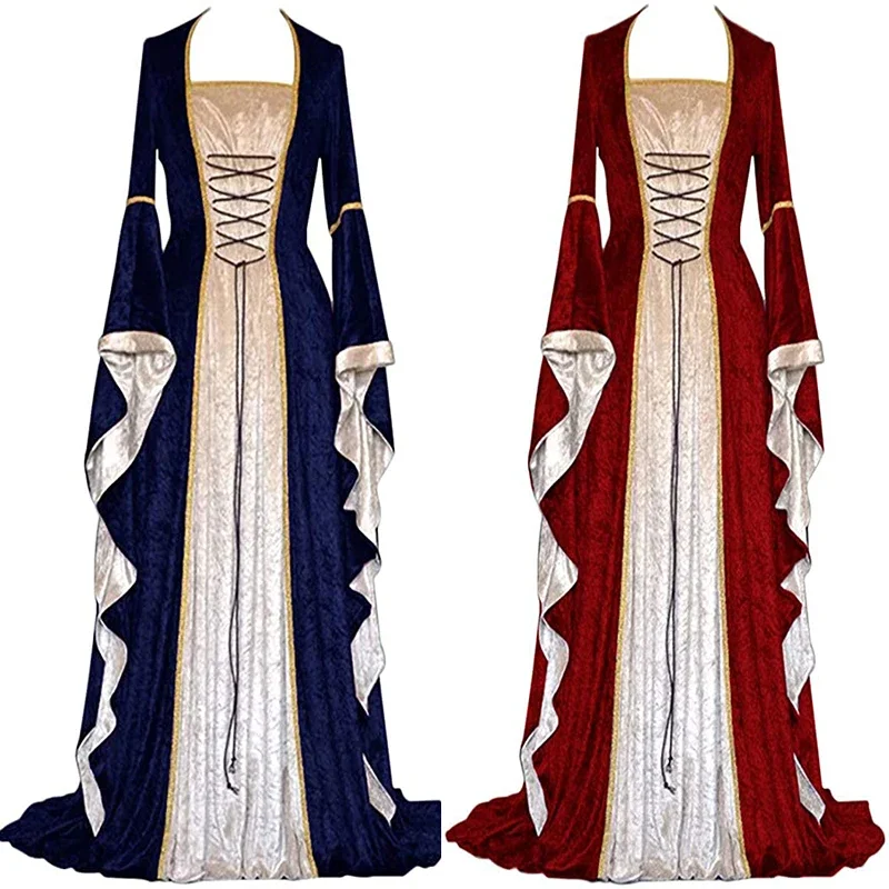 Halloween Women 5XL Plus Size Medieval Retro Court Princress Cosplay Costume Long Dress Elegant Witch Square Collar Masquerade