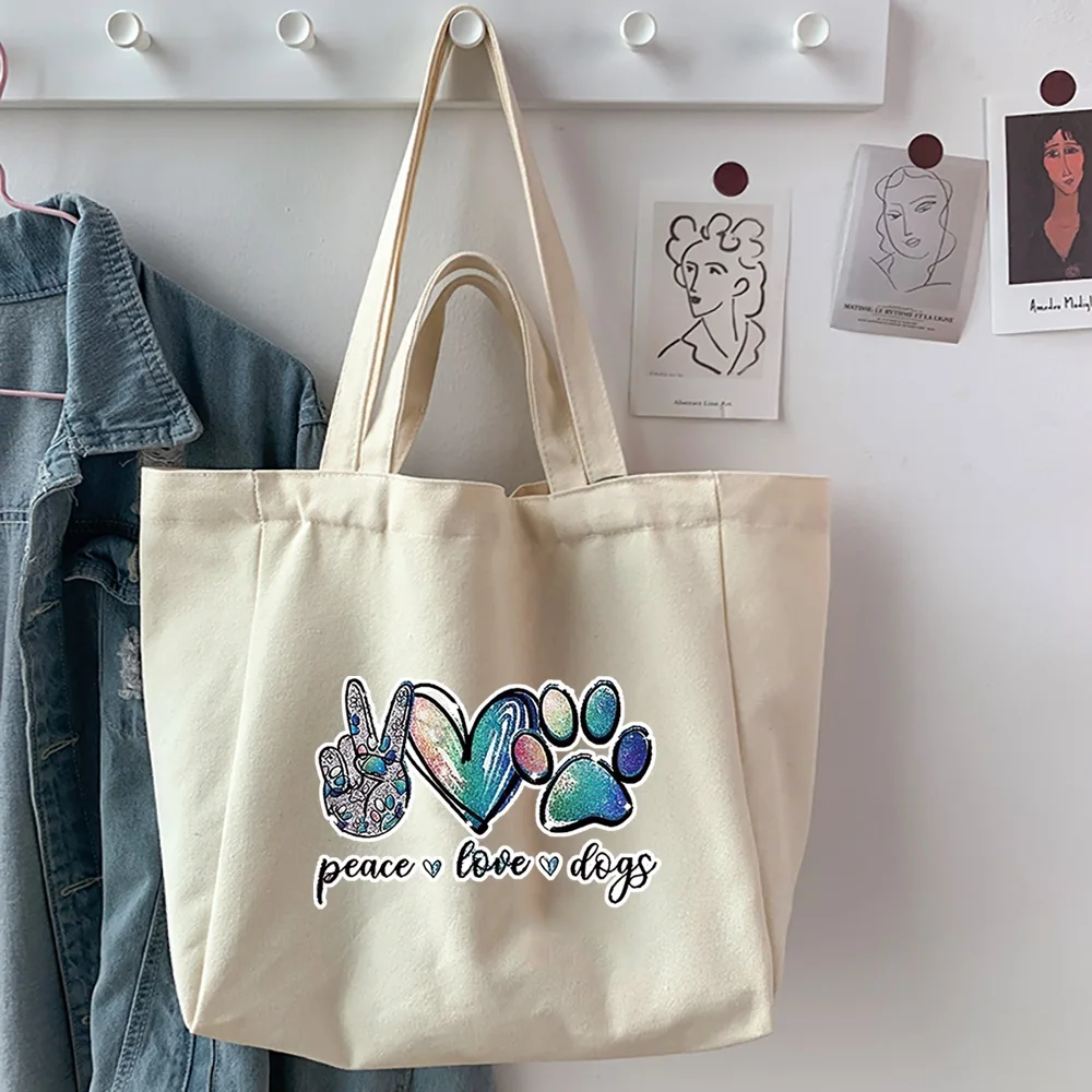 Women Canvas Shopping Bag Dog Footprints Print Female Shoulder Bag Eco Handbag Tote Reusable Grocery Large-capacity Shopper Bags