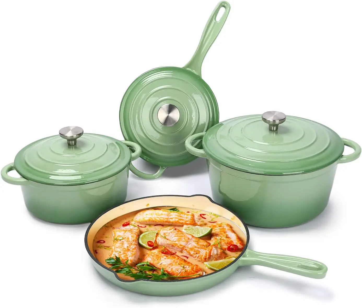 Juego de utensilios de cocina de hierro fundido, juego de hierro fundido esmaltado de 7 piezas, sartén para salsa, sartén, juego de horno holandés, utensilios de cocina de cerámica, ollas y sartenes Se