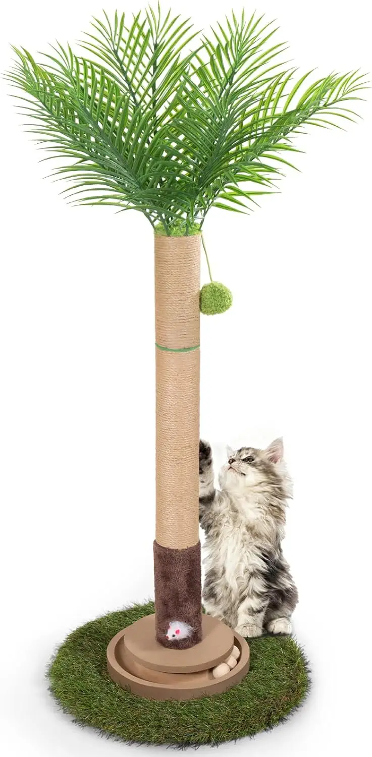 

Cat Scratching Post, 35 Inch Tall Cat Scratcher Cat Tree Tower with Hanging Ball for Indoor Cats Adults,Areca Palm Sisal