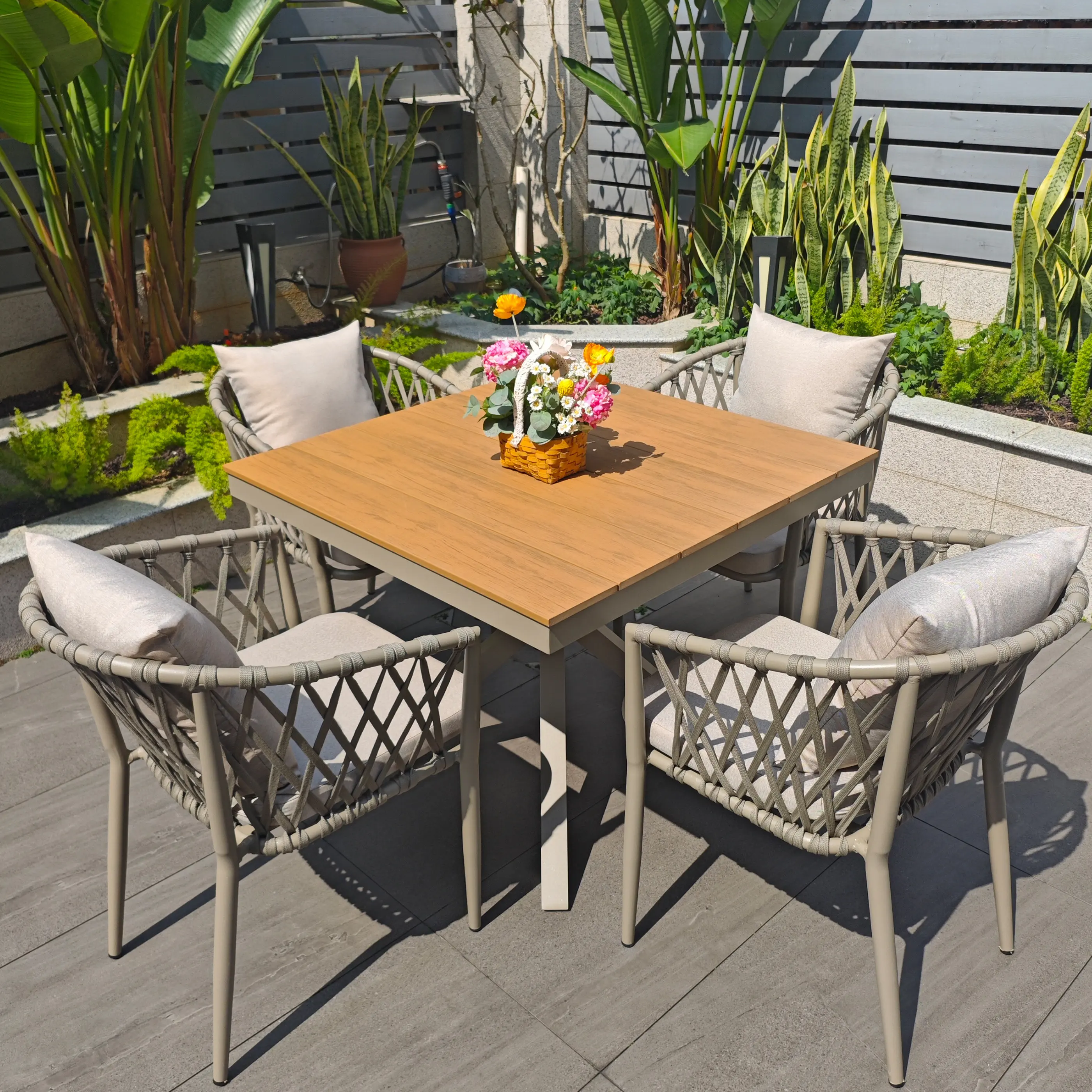 Outdoor tables and chairs Small set of plastic wood tables and chairs Aluminum alloy courtyard villa outdoor waterproof and suns