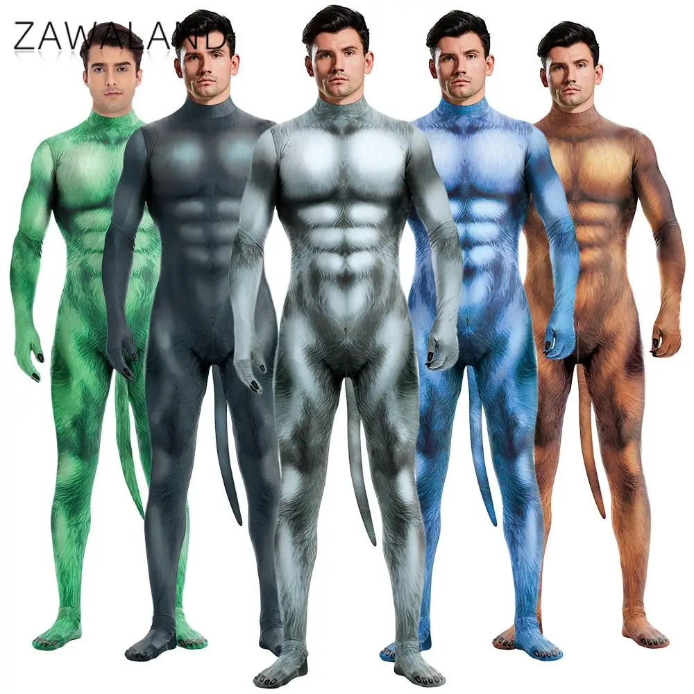 Zawaland 5Colors Petsuits with Tail Men Abs Print Animal Costume Black Blue Green Grey Brown Full Bodysuits Crotch Zipper Zentai