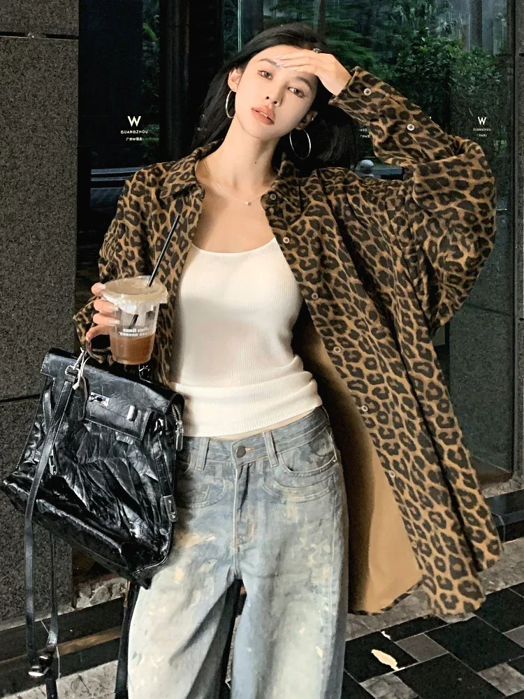 ADAgirl Vintage Leopard Print Jeans Blouses Female Harajuku Button Up Long Shirt Women Retro Polo Long Sleeve Autumn Coat Tops