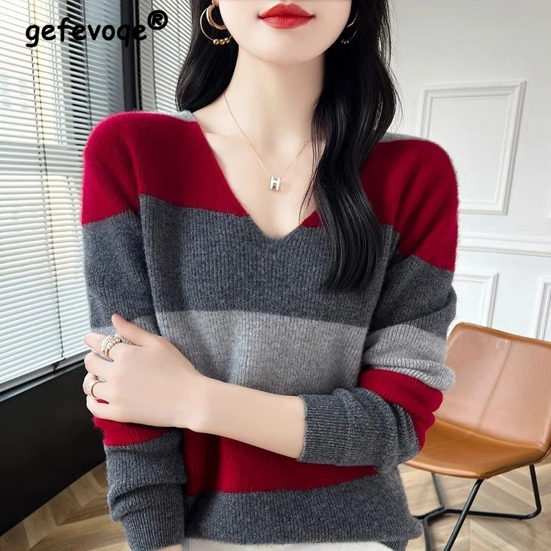 Frauen Koreanische Mode Kontrast Farbe Gestreiften Alle Spiel Gestrickte Pullover Herbst Winter Chic V-ausschnitt Langarm Lose Pullover Tops