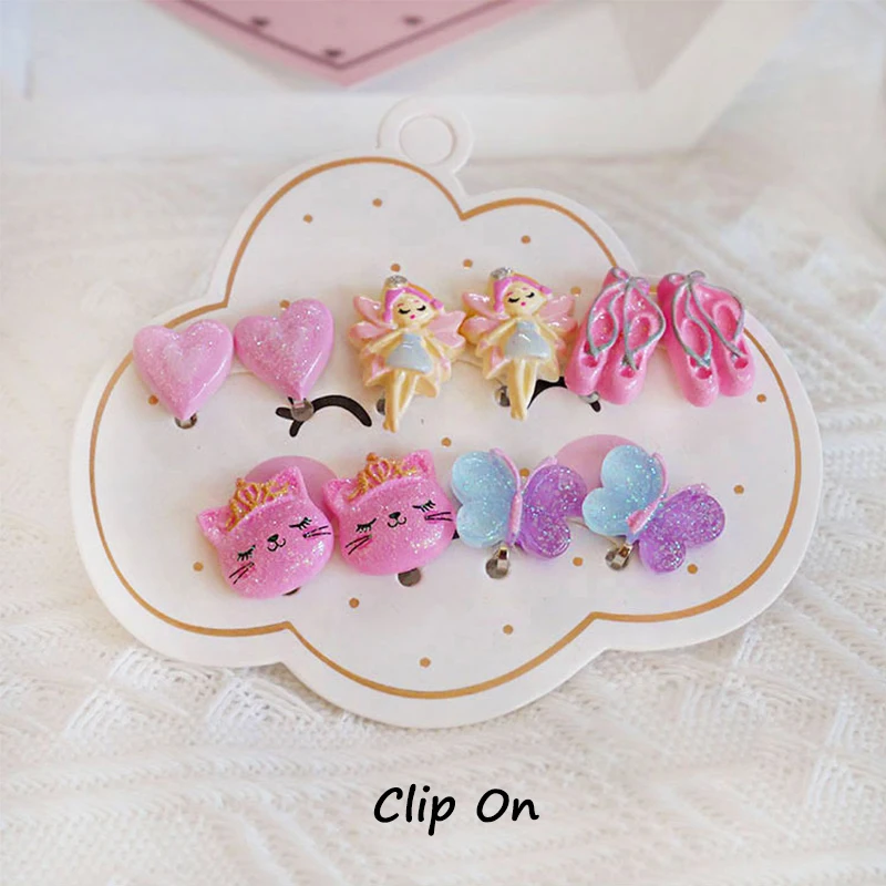 Cute Mermaid Flamingo Resin Earrings Ear Clips on Earrings for Girls Kids 5PRS/SET No Piercing Earring