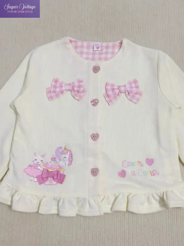 Japanese Sweet Elegant Cute Top Women Cartoon Bunny Embroidery Bow Long Sleeve Jacket Y2K Casual Kawaii Fashion Popular Clothes