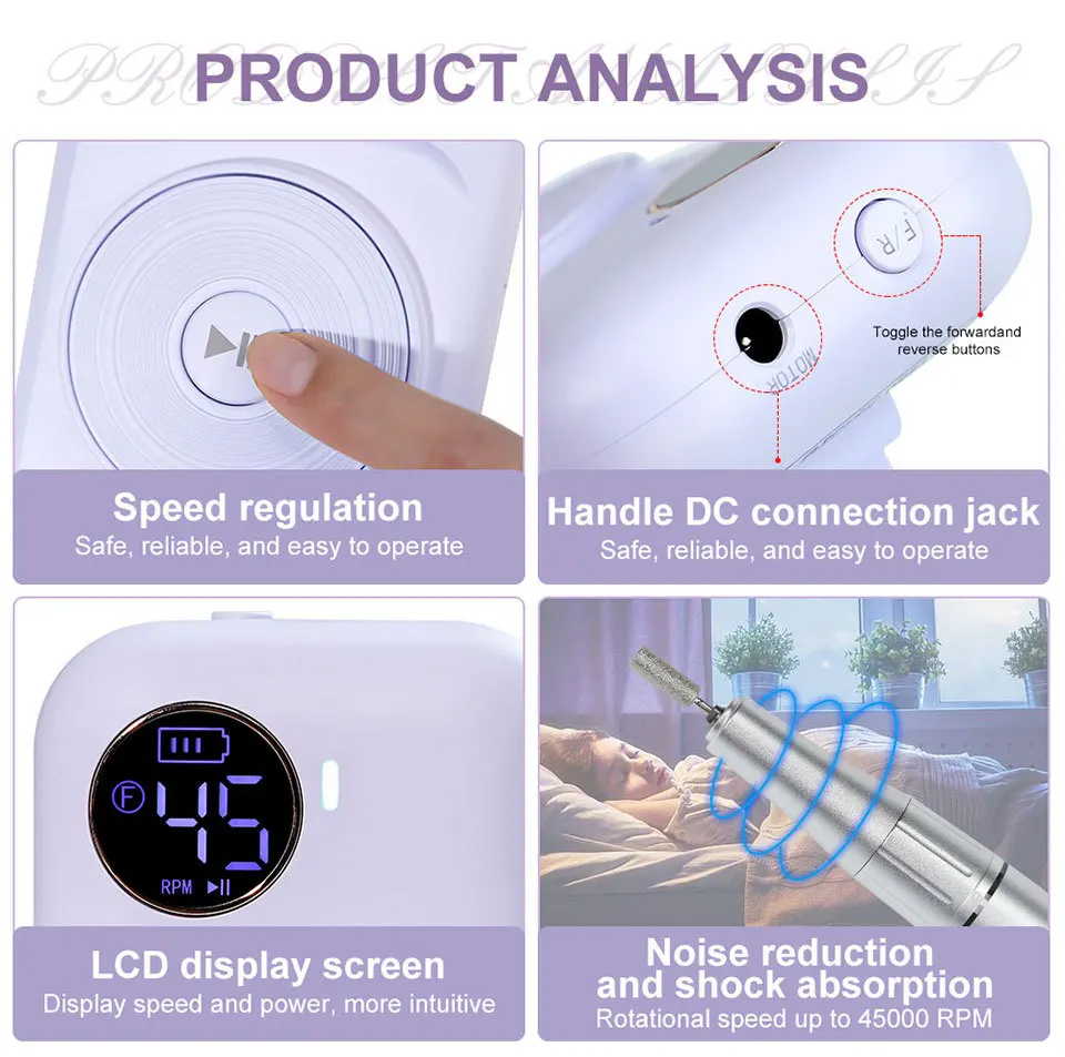 ポータブル電動ネイルドリル,マニキュア研磨機,ネイルサンダー,充電式マニキュアカッター,サロンツール,45000rpm