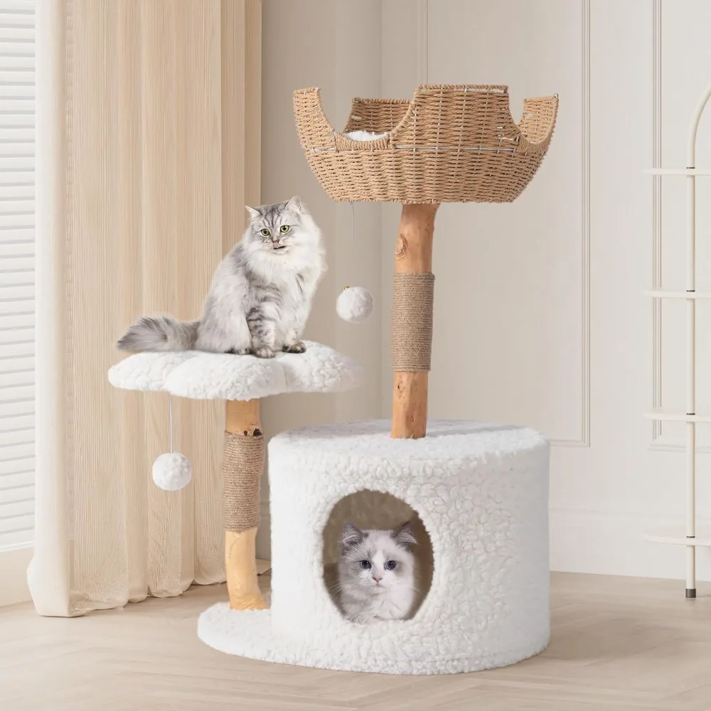 Modern Cat Tree Tower for Large Cats with Seasonal Universal Mat, Wood Cat Tree Indoor Use, Real Branch Luxury Cat Condo