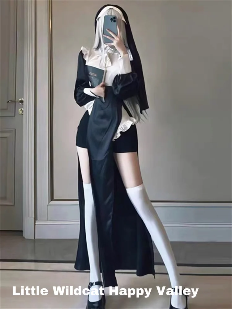 Nun Cosplay Costume Women Fancy Dress Set Halloween Party Roleplay Outfit Adult Nun Dress Black Fancy Christmas Cosplay Dress Up